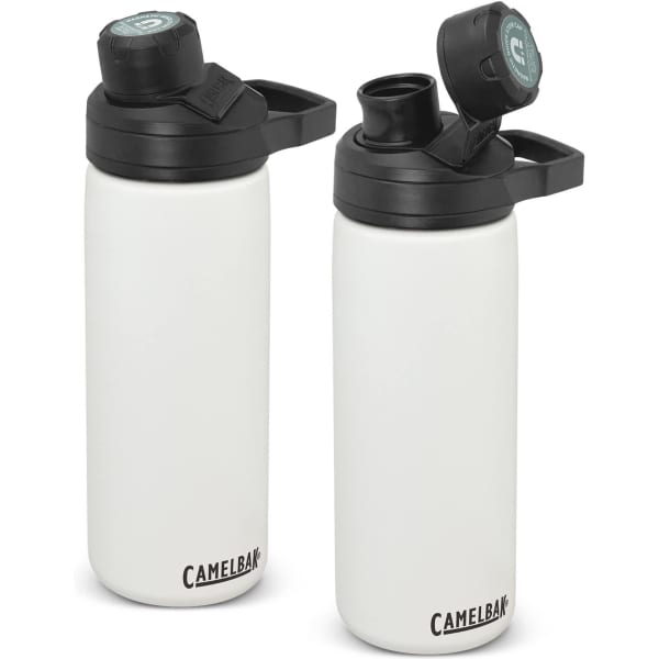 A drink bottle featuring a white body and black lid, with a built-in handle and a logo.