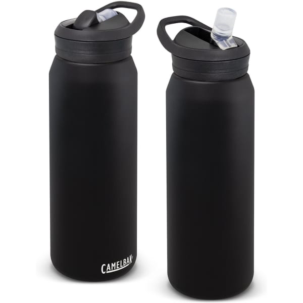 A drink bottle in black with a screw-top lid and a straw, featuring a logo on the side.