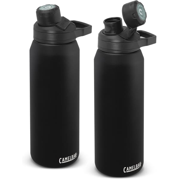 A drink bottle in matte black with a push-button cap and a handle, featuring a logo on the front.