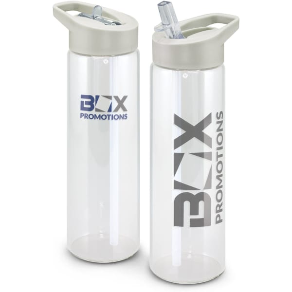 A drink bottle in clear plastic with a grey lid and built-in straw features branding on the body.