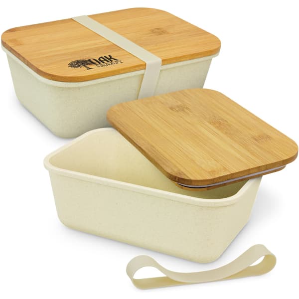 A lunch box set featuring a cream container with a bamboo lid and a securing band. It includes two containers.
