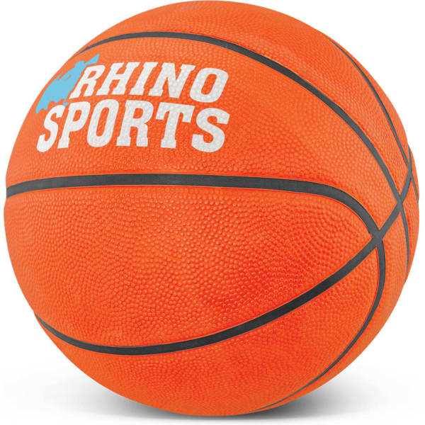 An orange basketball with black lines, featuring a logo on one side.