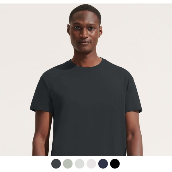 A black adult T-shirt featuring a crew neck and short sleeves, with visible branding.