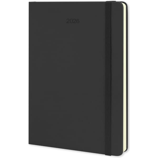 A black Moleskine 2026 planner featuring a smooth cover, elastic band, and cream-coloured pages. It has a simple design.