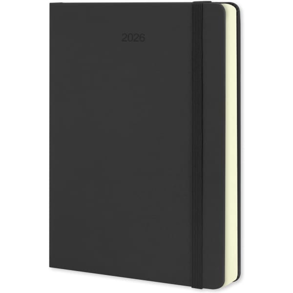 A black Moleskine 2026 daily planner with rounded edges and an elastic band. Features a simple, sleek design.