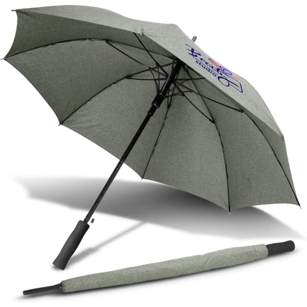 A green umbrella with a sleek design and a branded logo, featuring a black handle and a folded version beside it.
