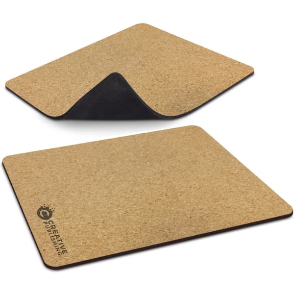 A cork mouse mat with a black underside, featuring a branding logo on one side.