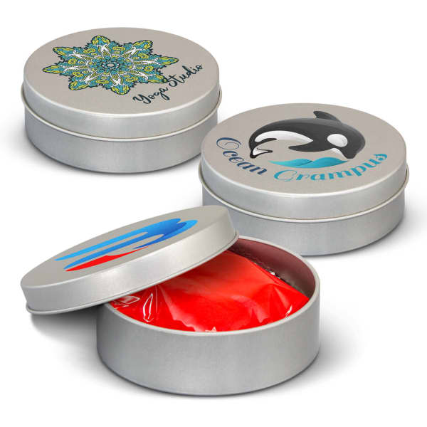 A set of silver tins containing colourful stress putty, with various designs on the lids.