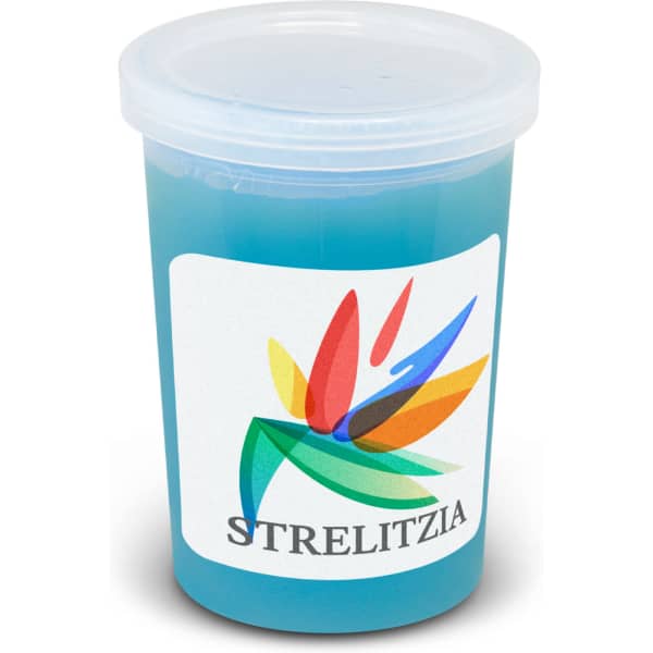 A transparent container of blue slime featuring a colourful logo on the front.