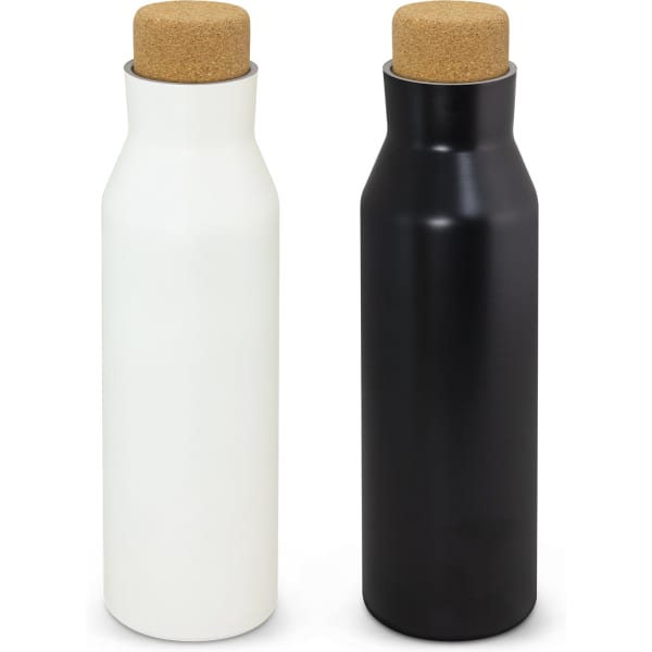 A drink bottle set featuring one white and one black vacuum bottle, both with cork stoppers and a sleek design.