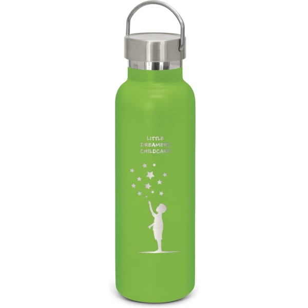 A drink bottle in bright green with a silver lid and a logo featuring a child reaching for stars.
