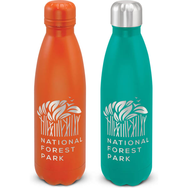 A drink bottle set featuring an orange and a teal vacuum bottle, both with engraved designs and a logo.