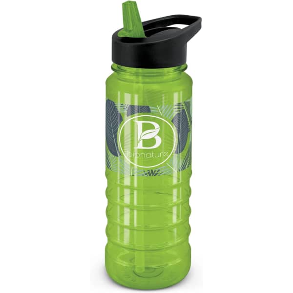 A drink bottle in bright green with a black lid, featuring a design and a logo.