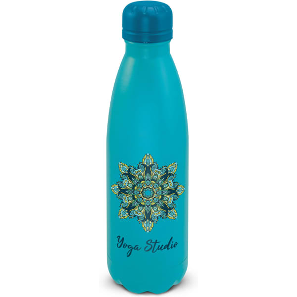 A drink bottle in turquoise featuring a decorative mandala design and branding on the front.