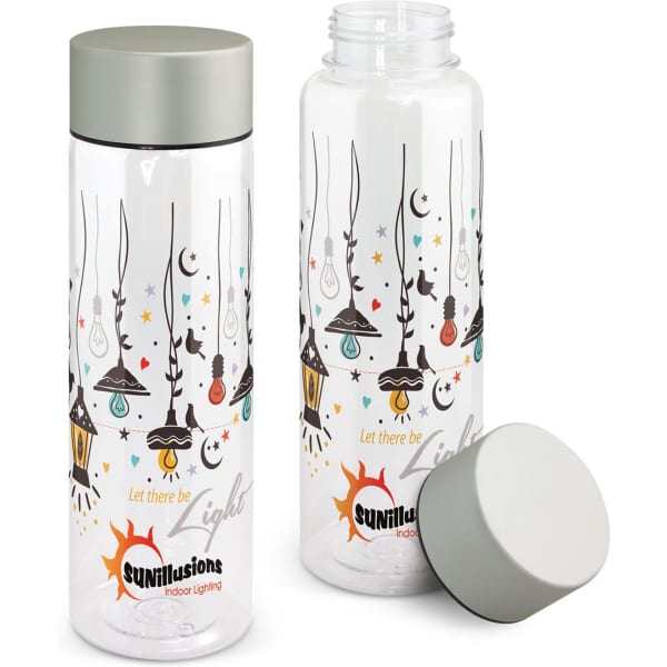 A drink bottle featuring a clear design with colourful hanging lanterns and a grey lid. It includes a logo.