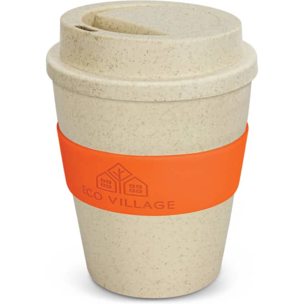 A reusable coffee cup in natural with an orange silicone band and a lid, featuring a logo.