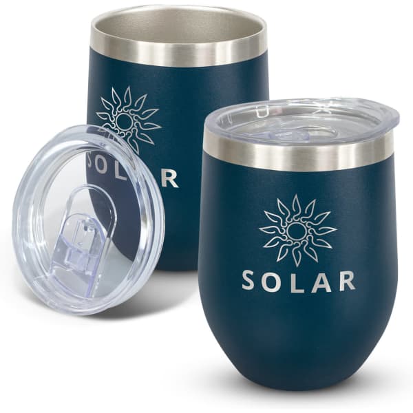 A drink bottle set featuring two navy travel mugs with stainless steel rims and clear lids, each with a logo.