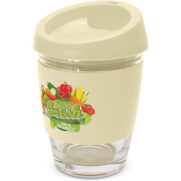 A drink bottle featuring a clear glass base and a light beige silicone lid, with a fruit and vegetable design.