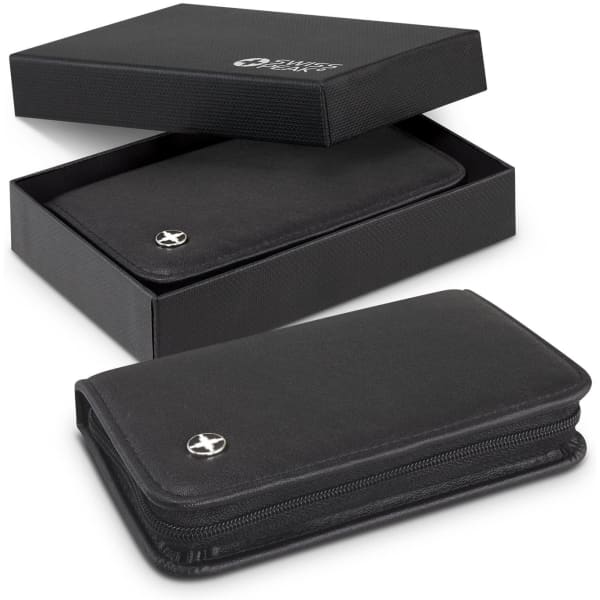 A black manicure set in a zippered case, presented in a sleek black gift box with a logo.