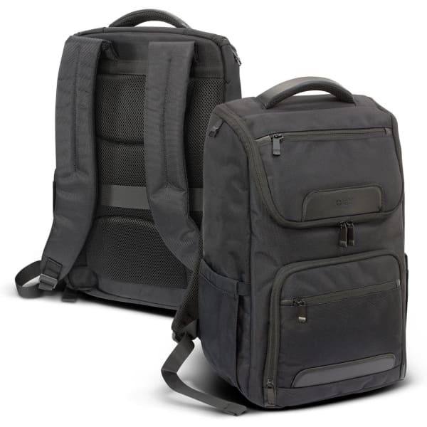 A laptop backpack in dark grey, featuring multiple compartments and padded straps, along with a branded logo.