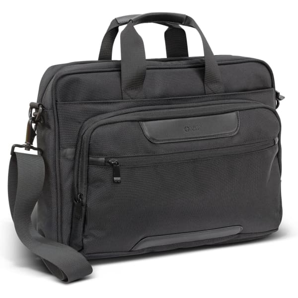 A grey laptop bag with dual handles, a shoulder strap, multiple compartments, and a logo on the front.