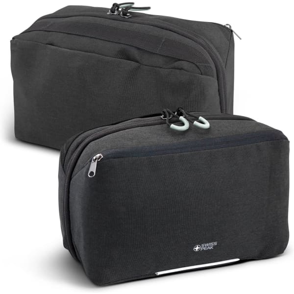 A set of two dark grey toiletry bags with zippers and a branding logo on the front.