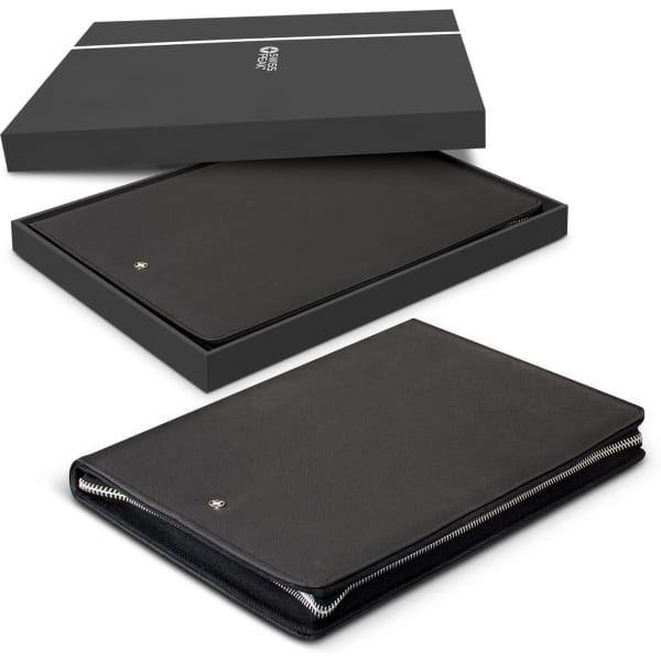 A black A4 portfolio with a zipper, displayed in a sleek black box. The portfolio features a subtle logo.