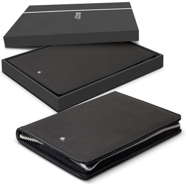 A black A5 portfolio with a zipper displayed inside an open black box. The portfolio features a logo.