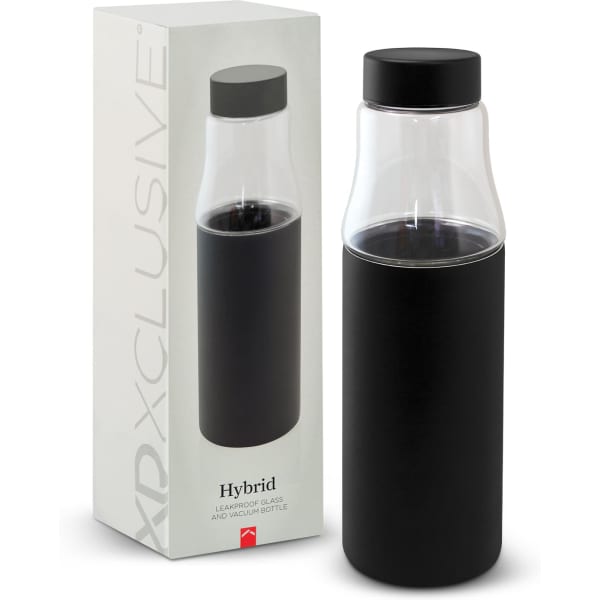 A drink bottle with a glass upper section and a black matte lower section, displayed alongside its packaging.