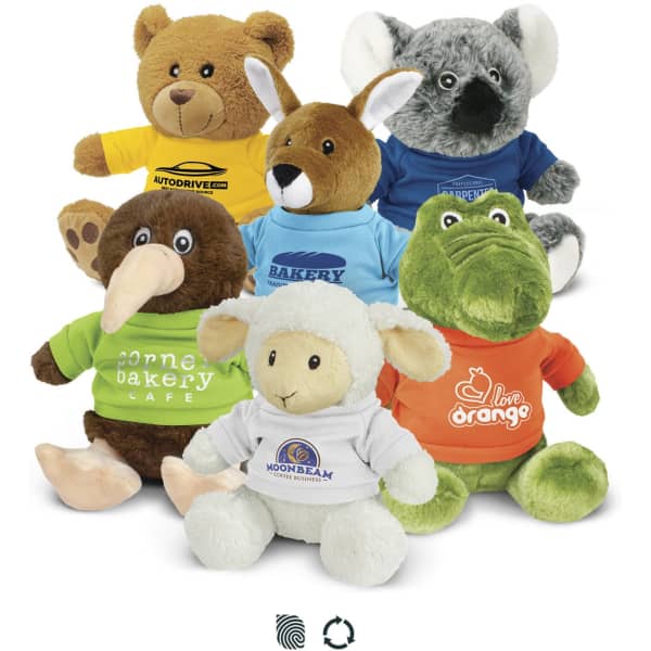 A collection of assorted plush toys including a bear, koala, kangaroo, kiwi, lamb, and crocodile, in various bright colours.