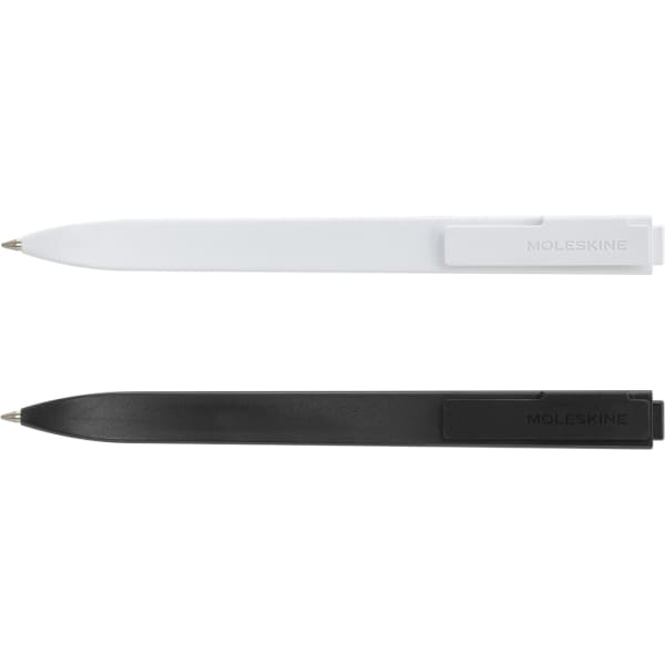 A set of two Moleskine Go Pens in black and white, featuring a branding logo on each pen.