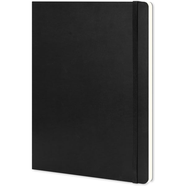 A black Moleskine Classic Soft Cover Notebook in extra large size with a cream-coloured inner lining and an elastic closure.