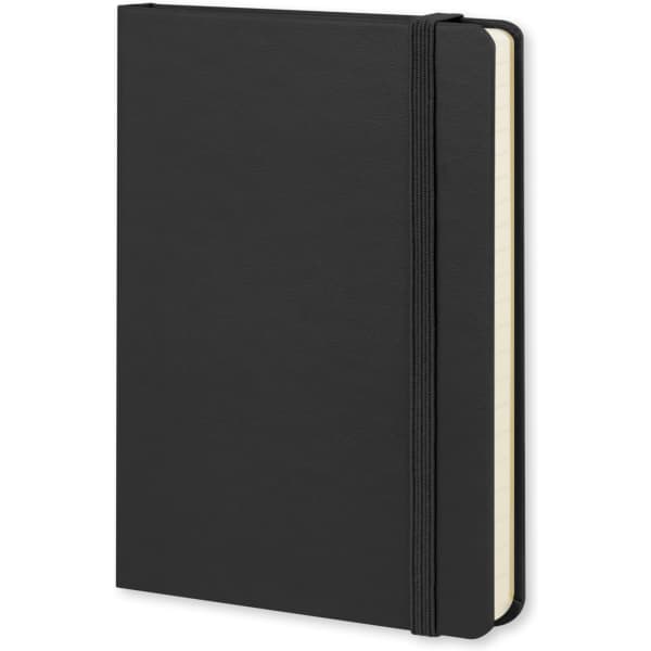 A large black hard cover notebook with an elastic band and lined pages, featuring a logo on the front.