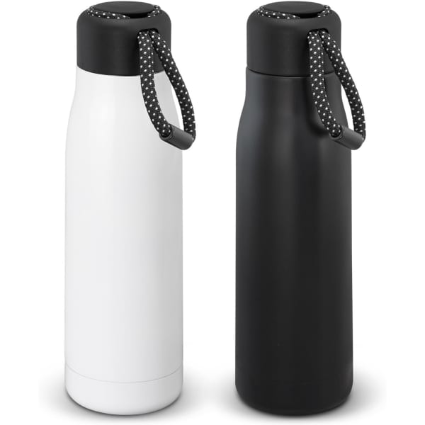 A drink bottle set featuring a white bottle and a black bottle, both with black patterned carrying straps and a logo.