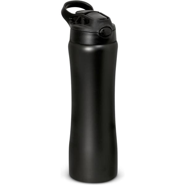 A drink bottle in matte black with a flip-top lid and carry handle, featuring a logo on the body.