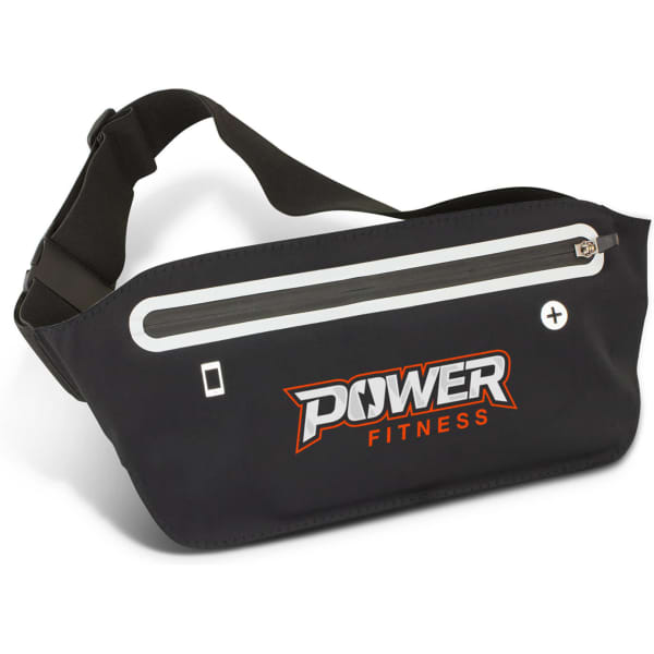 A black running belt with a zippered compartment and an adjustable strap, featuring a logo.