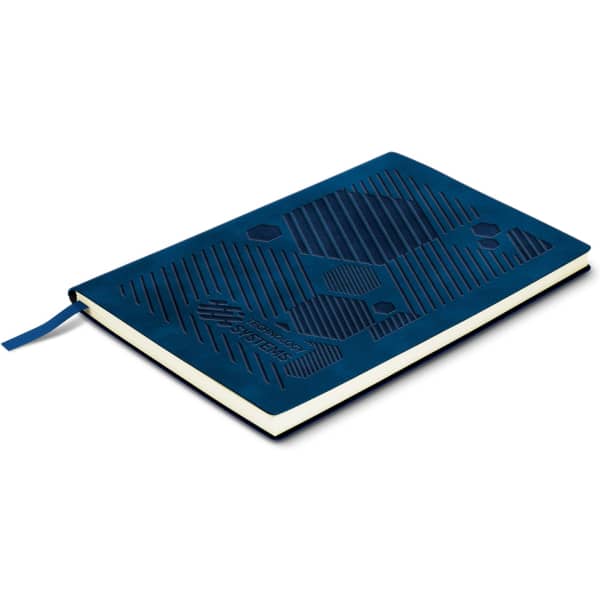 A navy blue notebook with a textured debossed design and a ribbon bookmark, featuring a logo on the cover.