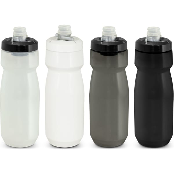A drink bottle set featuring four CamelBak Podium bottles in clear, white, grey, and black colours, each with a black cap.