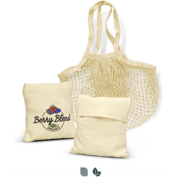 A cotton mesh foldaway tote bag in cream, with two small canvas pouches, one featuring a logo.