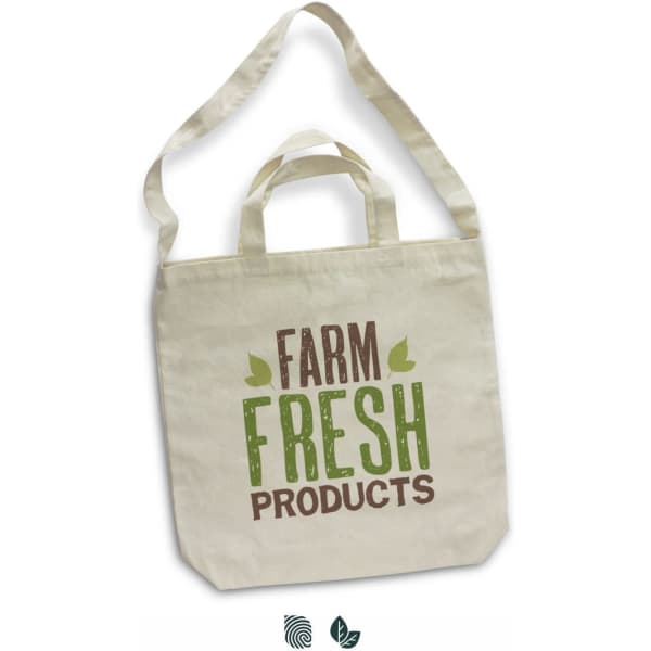 A cream cotton shoulder tote bag featuring the text 