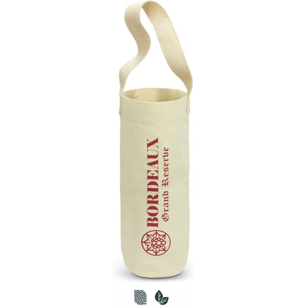 A cream cotton wine tote bag with a shoulder strap and a logo, designed to hold a wine bottle.