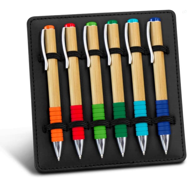 A display stand featuring six bamboo pens in orange, green, blue, and other vibrant colours, secured on a black background.