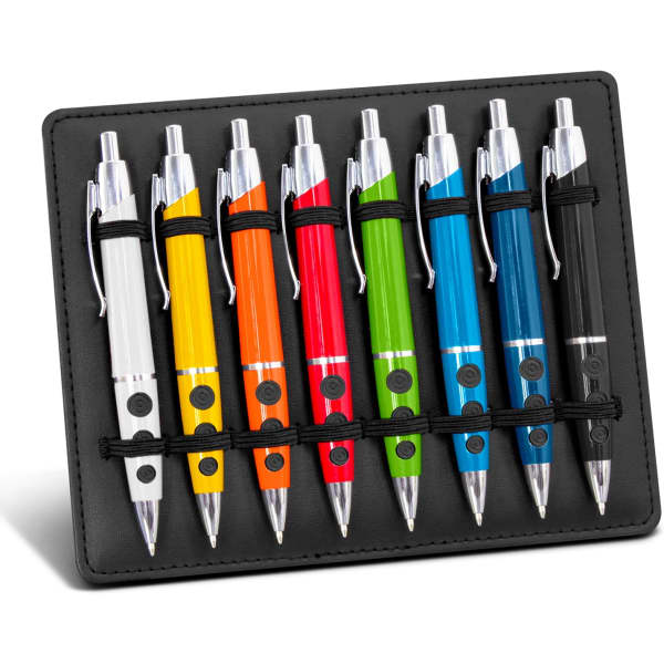 A Pop Up Display Stand featuring eight pens in various colours: red, blue, green, yellow, orange, white, black, and silver.