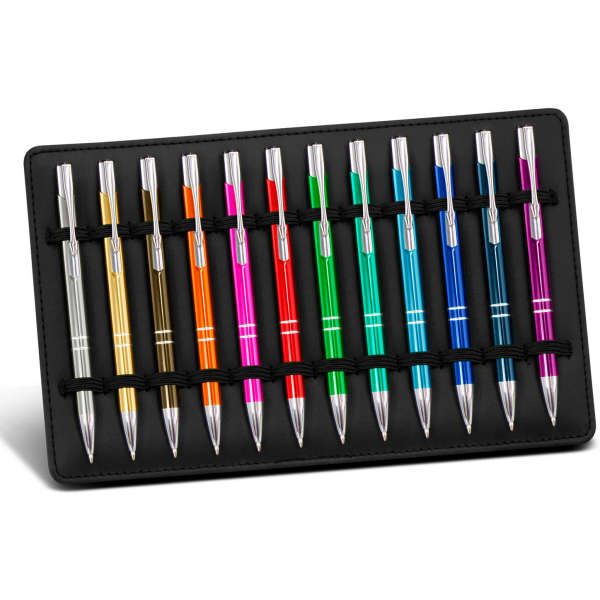 A display stand featuring twelve vibrant pens in various colours, arranged neatly in a black holder.