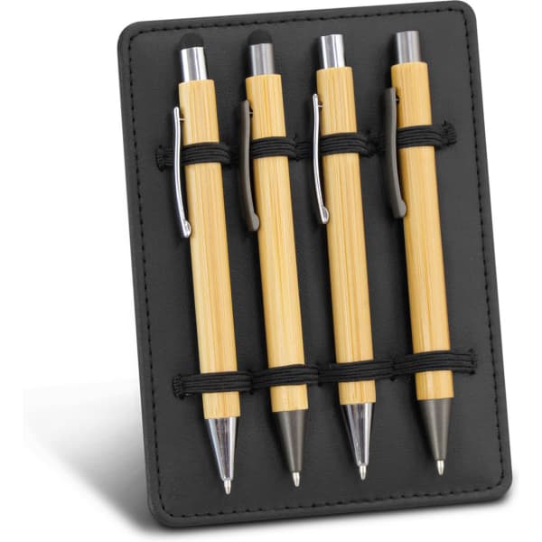 A display stand featuring four bamboo pens secured on a black fabric background, with silver accents.