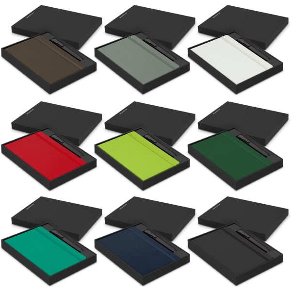 A Moleskine notebook and pen gift set featuring various colours including green, red, blue, and black, packaged in a sleek box.