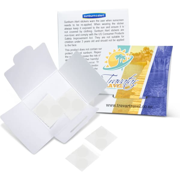 Sunburn Alert Stickers in a white box with clear stickers inside. The packaging features vibrant colours and a logo.