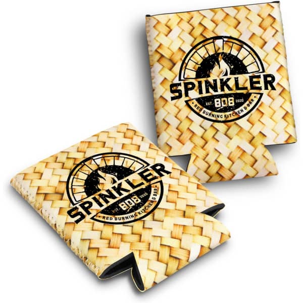 A drink bottle cooler featuring a woven pattern in beige and black, with a logo prominently displayed.