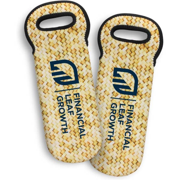 Two woven drink bottle cooler bags featuring a textured design and a logo. Predominantly light beige in colour.