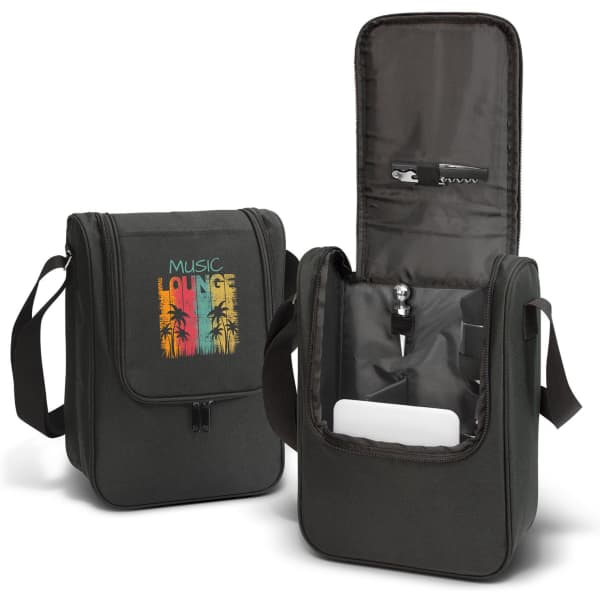 A dark green insulated bag with a zipper, featuring a logo, designed for carrying items.
